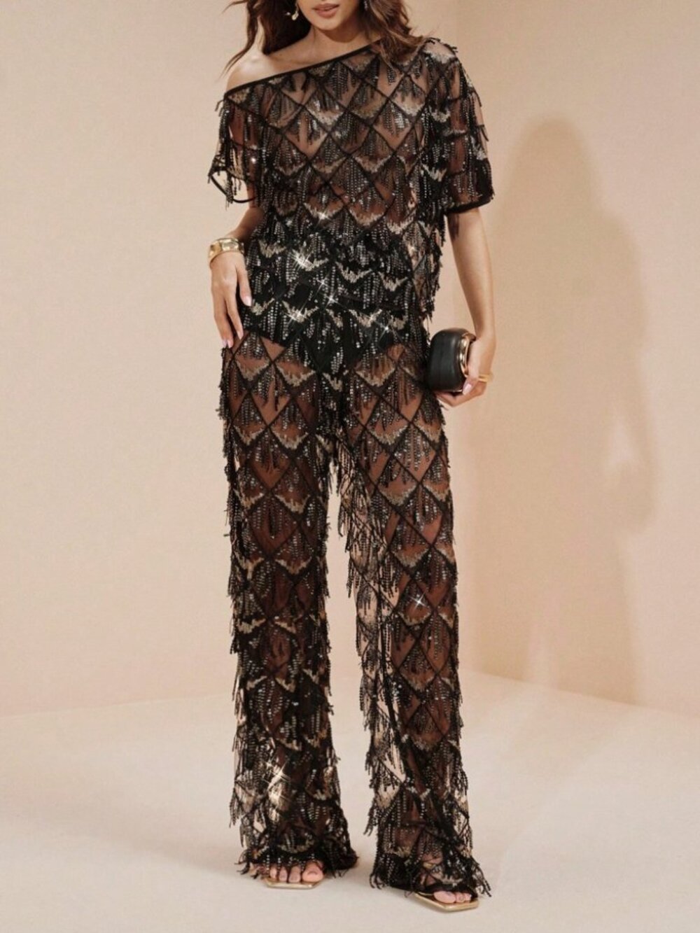 Black Sequin Fringe Diamond Mesh Wide-Leg Pants